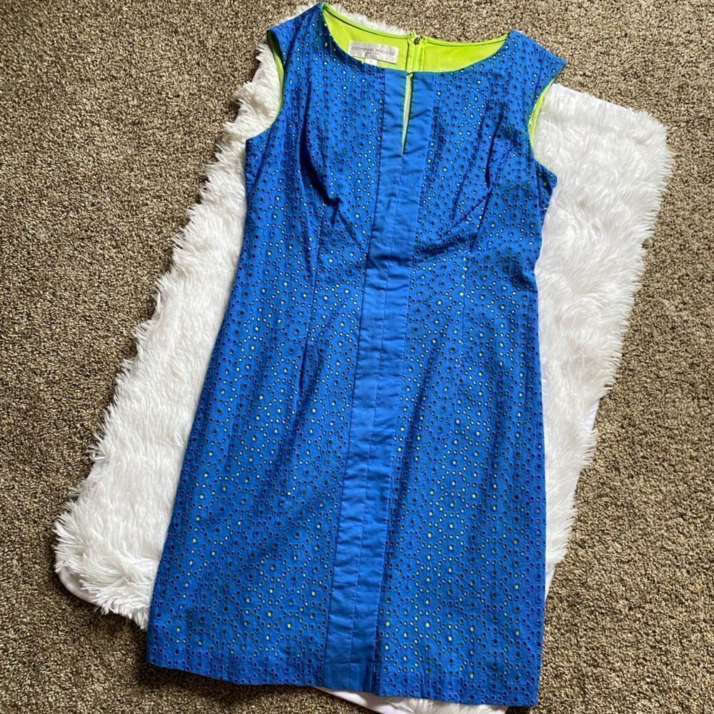 Donna Ricco Dress Eyelet Sleeveless Lined Blue Neon Green Cotton Women’s Size 10